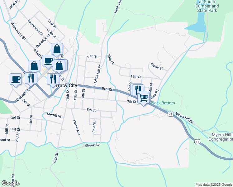 map of restaurants, bars, coffee shops, grocery stores, and more near 355 7th Street in Tracy City