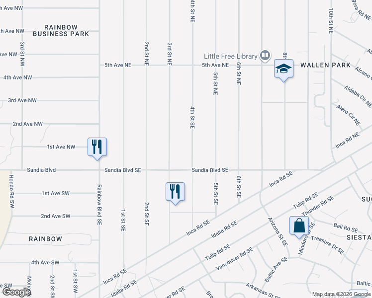 map of restaurants, bars, coffee shops, grocery stores, and more near 505 1st Street Northeast in Rio Rancho