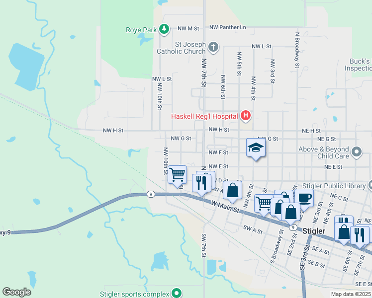 map of restaurants, bars, coffee shops, grocery stores, and more near 810 Northwest F Street in Stigler