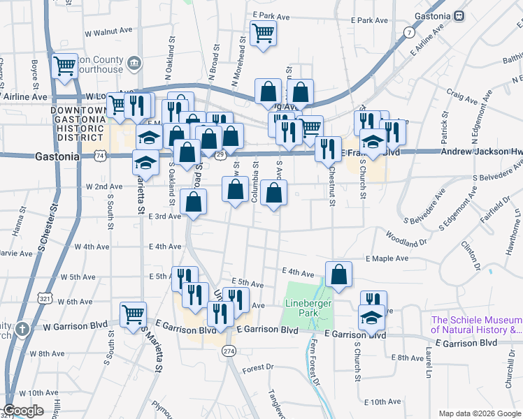 map of restaurants, bars, coffee shops, grocery stores, and more near 323 South Avon Street in Gastonia