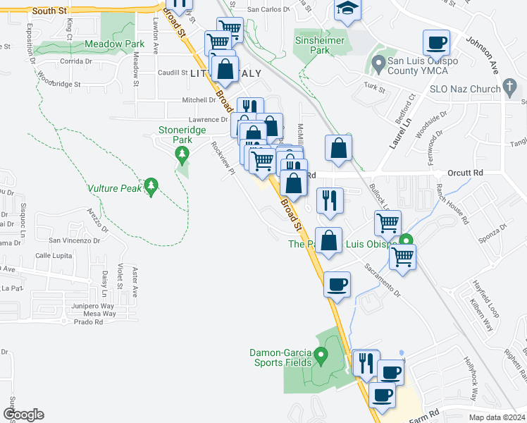 map of restaurants, bars, coffee shops, grocery stores, and more near 3281 Rockview Place in San Luis Obispo