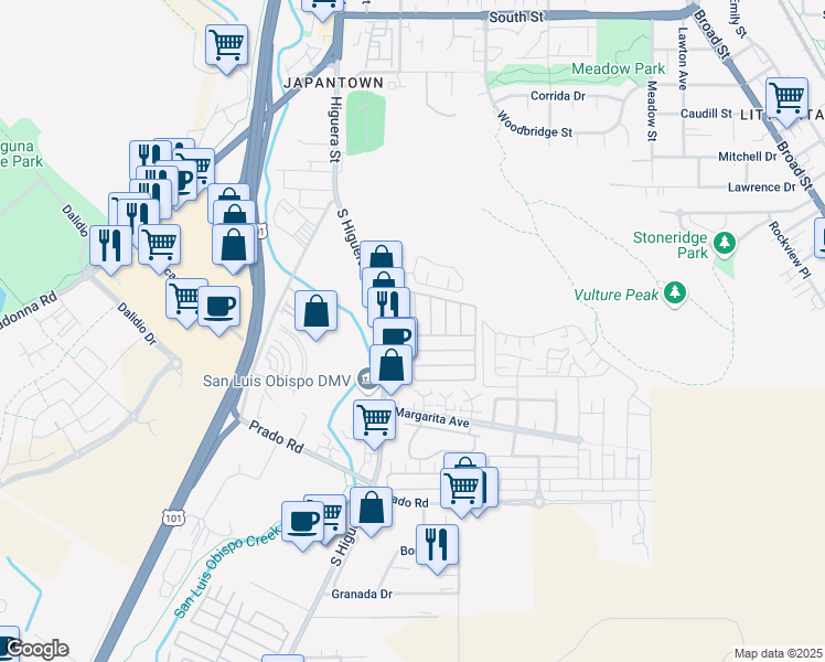 map of restaurants, bars, coffee shops, grocery stores, and more near 3057 South Higuera Street in San Luis Obispo