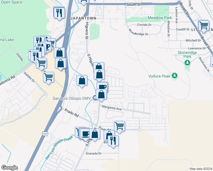 map of restaurants, bars, coffee shops, grocery stores, and more near 3057 South Higuera Street in San Luis Obispo
