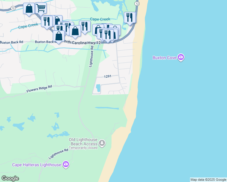 map of restaurants, bars, coffee shops, grocery stores, and more near 46023 Currituck Circle in Buxton