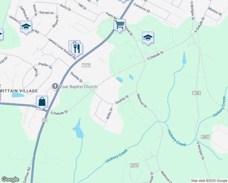 map of restaurants, bars, coffee shops, grocery stores, and more near 397 Seattle Street in Shelby