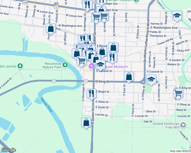map of restaurants, bars, coffee shops, grocery stores, and more near 118 South Queen Street in Kinston