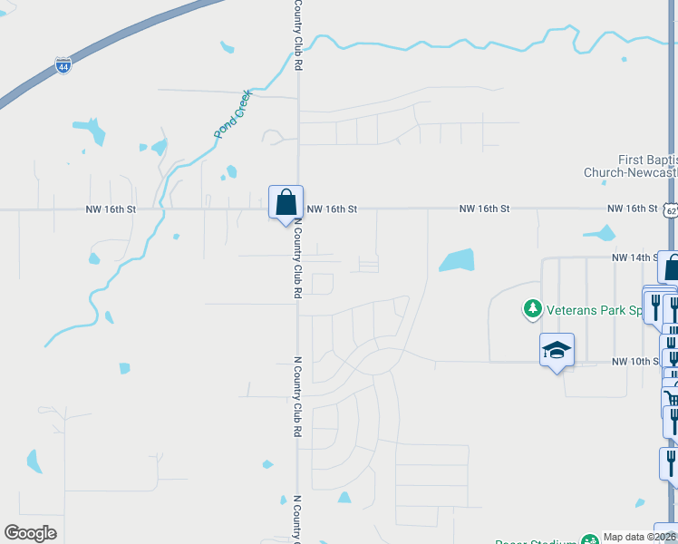 map of restaurants, bars, coffee shops, grocery stores, and more near Northwest 12th Street in Newcastle