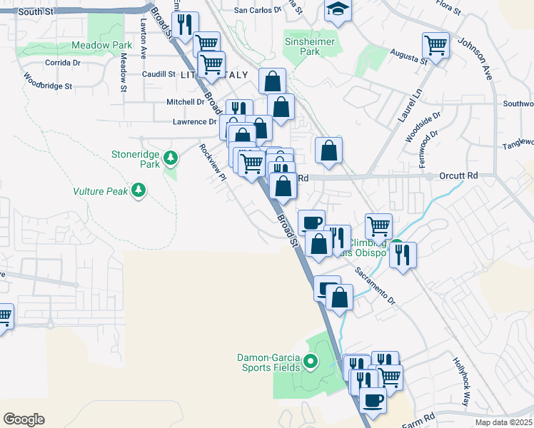 map of restaurants, bars, coffee shops, grocery stores, and more near 3335 Broad Street in San Luis Obispo