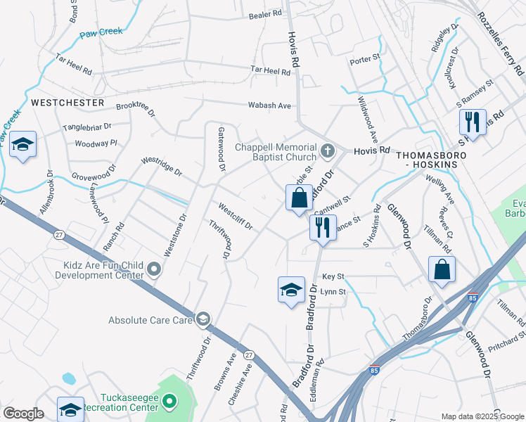 map of restaurants, bars, coffee shops, grocery stores, and more near 4108 Westcliff Drive in Charlotte