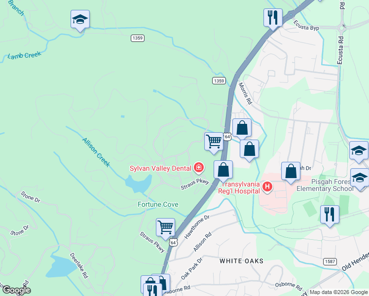 map of restaurants, bars, coffee shops, grocery stores, and more near 152 Camptown Road in Brevard