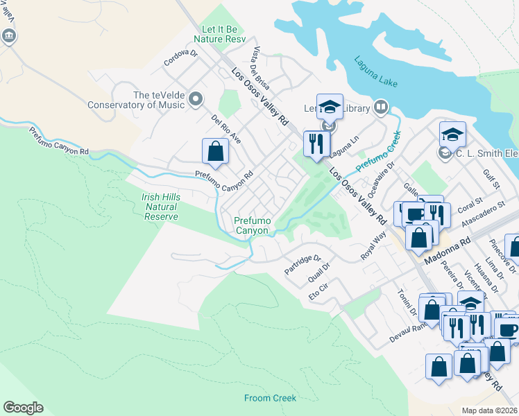 map of restaurants, bars, coffee shops, grocery stores, and more near 1801 Marsha Drive in San Luis Obispo