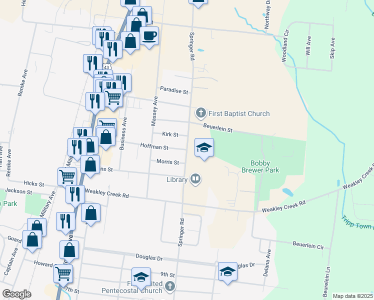 map of restaurants, bars, coffee shops, grocery stores, and more near 1800 Springer Road in Lawrenceburg
