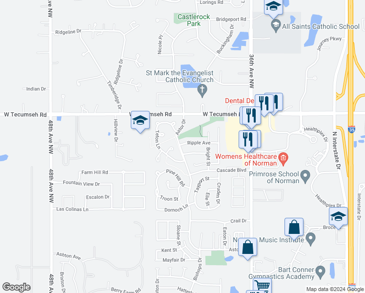 map of restaurants, bars, coffee shops, grocery stores, and more near 4016 Ripple Avenue in Norman