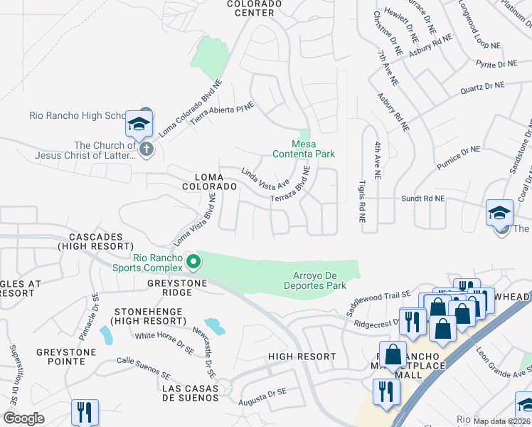 map of restaurants, bars, coffee shops, grocery stores, and more near 33 Vista Hermosa Place Northeast in Rio Rancho