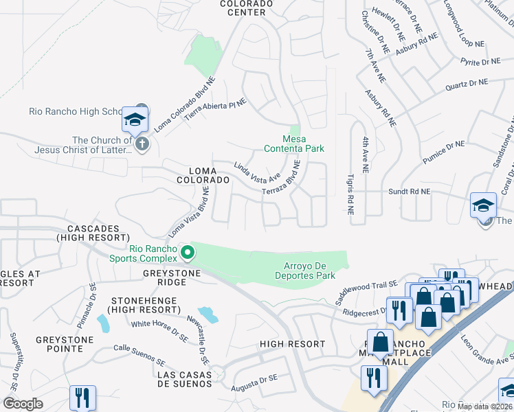 map of restaurants, bars, coffee shops, grocery stores, and more near 33 Vista Hermosa Place Northeast in Rio Rancho