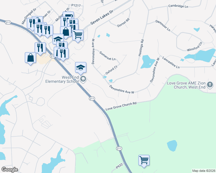 map of restaurants, bars, coffee shops, grocery stores, and more near 216 Devonshire Avenue West in Seven Lakes
