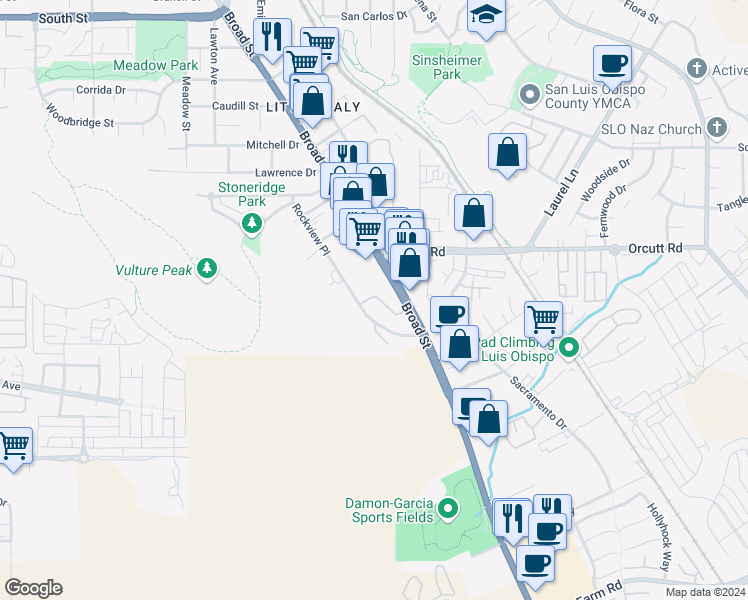 map of restaurants, bars, coffee shops, grocery stores, and more near 3340 Broad Street in San Luis Obispo