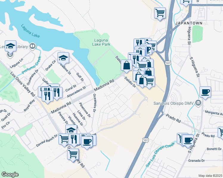 map of restaurants, bars, coffee shops, grocery stores, and more near 731-873 Madonna Rd in San Luis Obispo