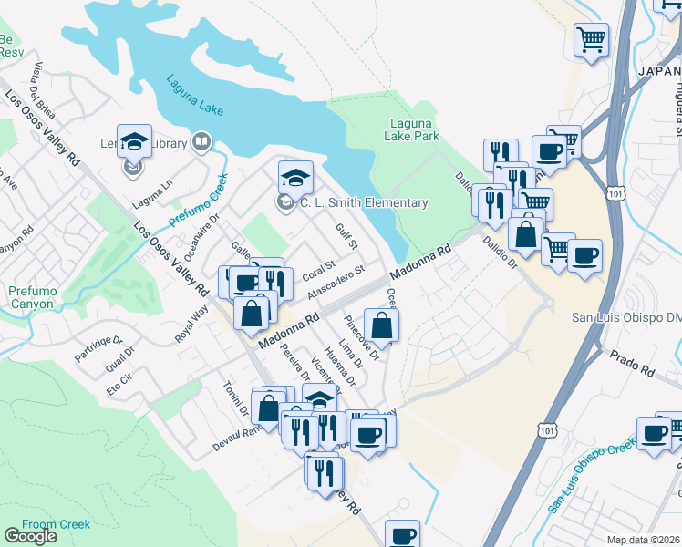 map of restaurants, bars, coffee shops, grocery stores, and more near 1173 Atascadero Street in San Luis Obispo