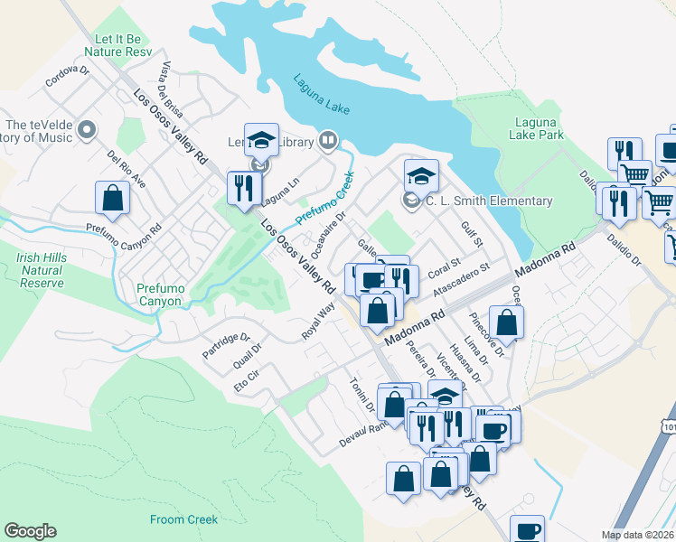 map of restaurants, bars, coffee shops, grocery stores, and more near 11351 Los Osos Valley Road in San Luis Obispo