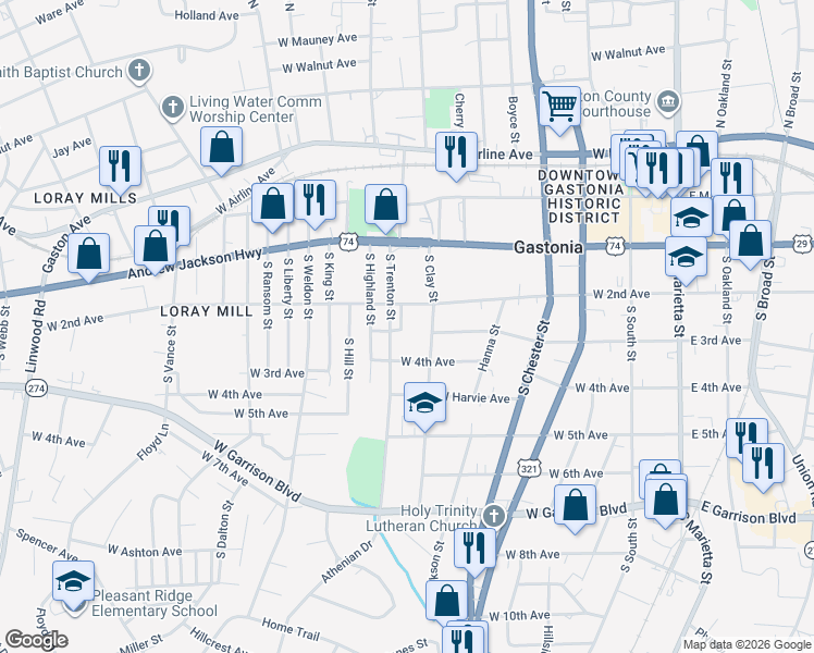 map of restaurants, bars, coffee shops, grocery stores, and more near 405 South Clay Street in Gastonia
