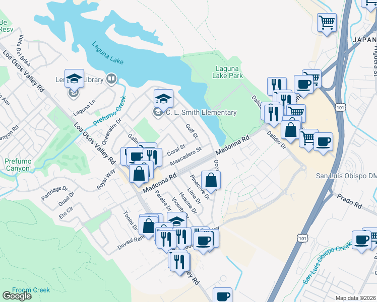 map of restaurants, bars, coffee shops, grocery stores, and more near 1173 Atascadero Street in San Luis Obispo