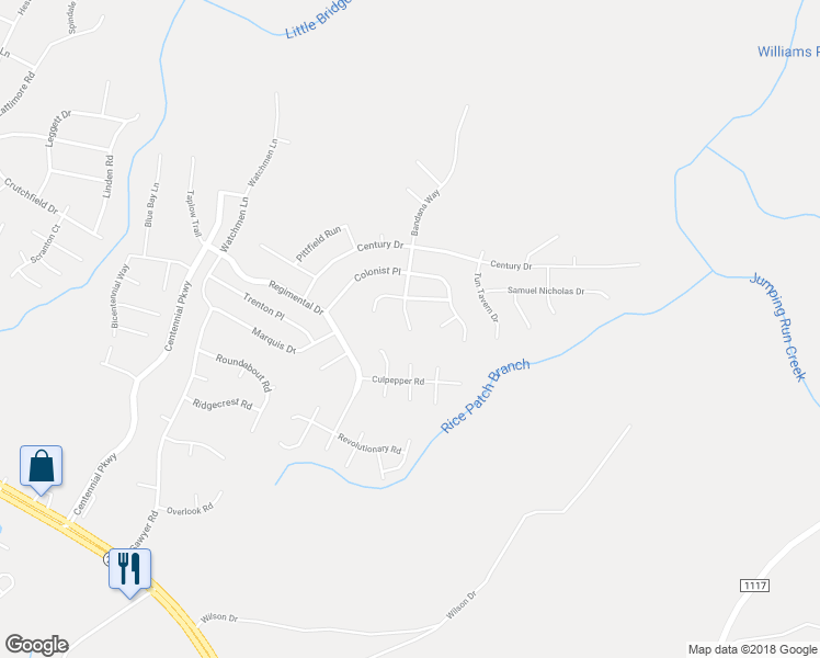 map of restaurants, bars, coffee shops, grocery stores, and more near 185 Old Glory Lane in Cameron