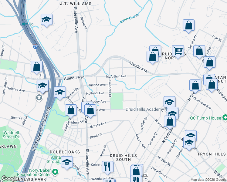 map of restaurants, bars, coffee shops, grocery stores, and more near 925 Holland Avenue in Charlotte
