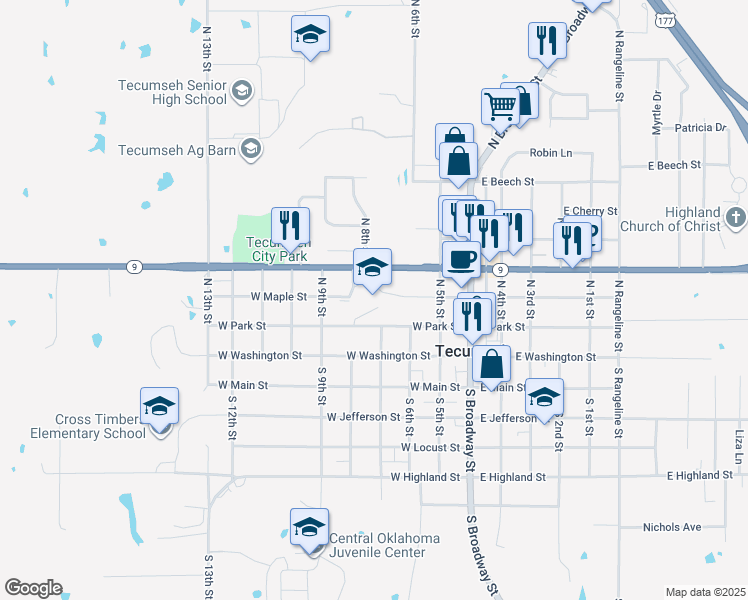 map of restaurants, bars, coffee shops, grocery stores, and more near 315 West Park Street in Tecumseh