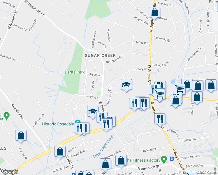 map of restaurants, bars, coffee shops, grocery stores, and more near 345 Hunslet Circle in Charlotte
