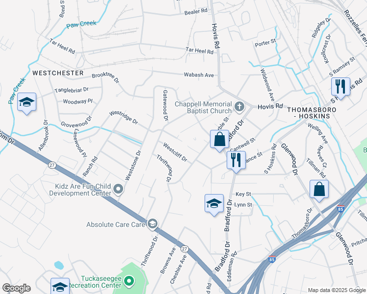 map of restaurants, bars, coffee shops, grocery stores, and more near 4108 Westcliff Drive in Charlotte