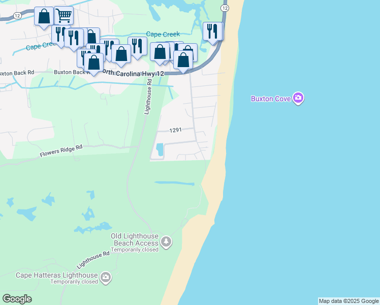 map of restaurants, bars, coffee shops, grocery stores, and more near 46023 Currituck Circle in Buxton