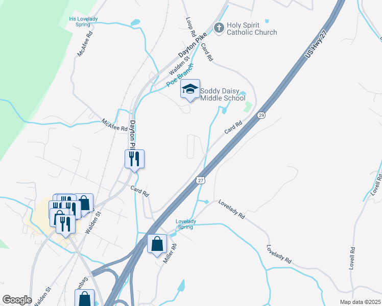 map of restaurants, bars, coffee shops, grocery stores, and more near 10405 Card Road in Soddy-Daisy