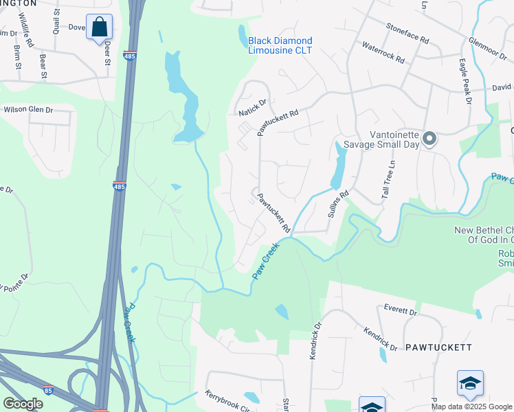 map of restaurants, bars, coffee shops, grocery stores, and more near 6024 Paw Village Road in Charlotte