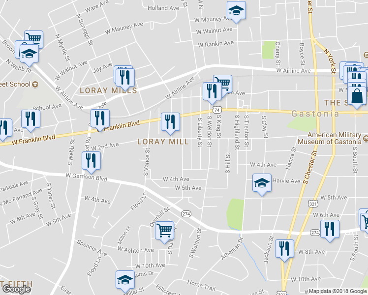 map of restaurants, bars, coffee shops, grocery stores, and more near 308 South Dalton Street in Gastonia