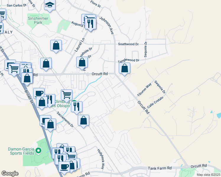 map of restaurants, bars, coffee shops, grocery stores, and more near 3735 Orcutt Road in San Luis Obispo