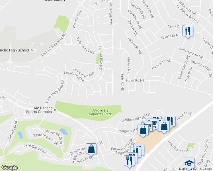 map of restaurants, bars, coffee shops, grocery stores, and more near Monte Vista Drive Northeast in Rio Rancho