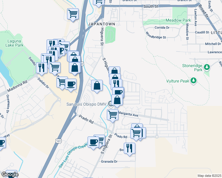map of restaurants, bars, coffee shops, grocery stores, and more near 3026 South Higuera Street in San Luis Obispo