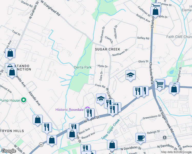 map of restaurants, bars, coffee shops, grocery stores, and more near in Charlotte