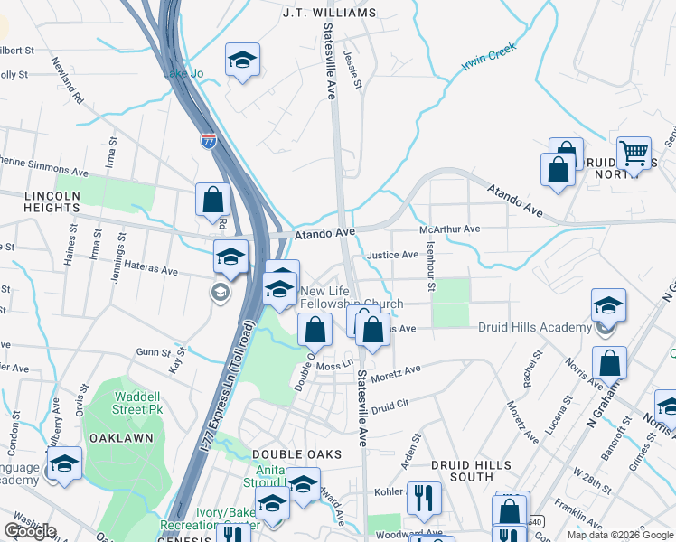 map of restaurants, bars, coffee shops, grocery stores, and more near in Charlotte