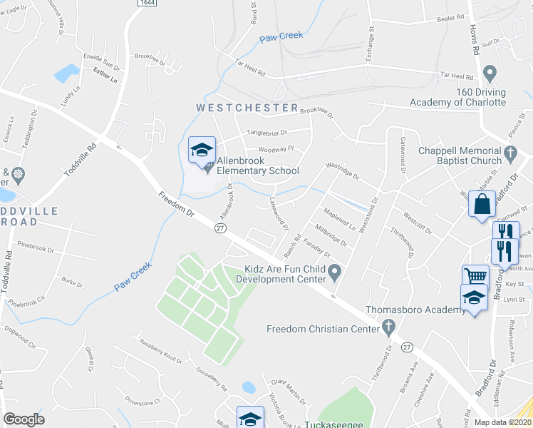 map of restaurants, bars, coffee shops, grocery stores, and more near 4600 Freedom Drive in Charlotte