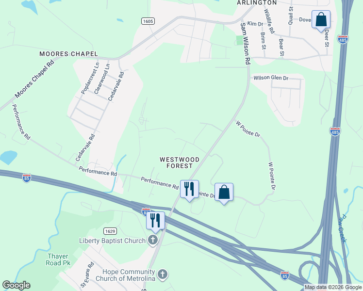 map of restaurants, bars, coffee shops, grocery stores, and more near 2420 Taimi Drive in Charlotte