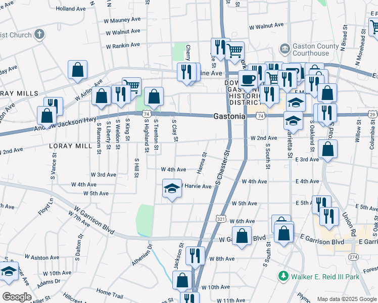 map of restaurants, bars, coffee shops, grocery stores, and more near 513 West 3rd Avenue in Gastonia