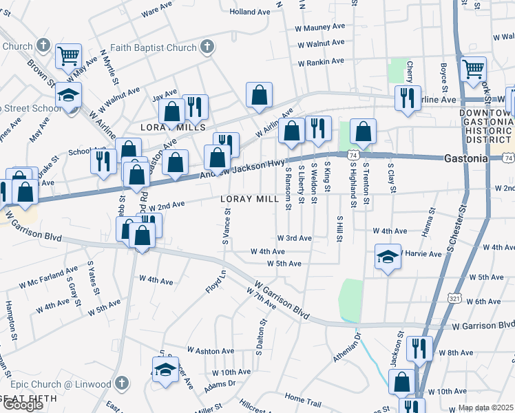 map of restaurants, bars, coffee shops, grocery stores, and more near 333 South Dalton Street in Gastonia