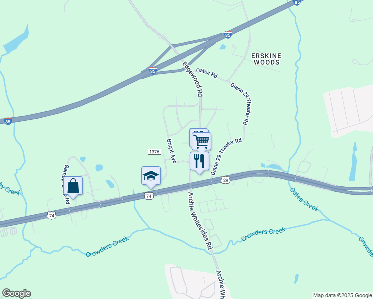 map of restaurants, bars, coffee shops, grocery stores, and more near 103 Bright Avenue in Bessemer City