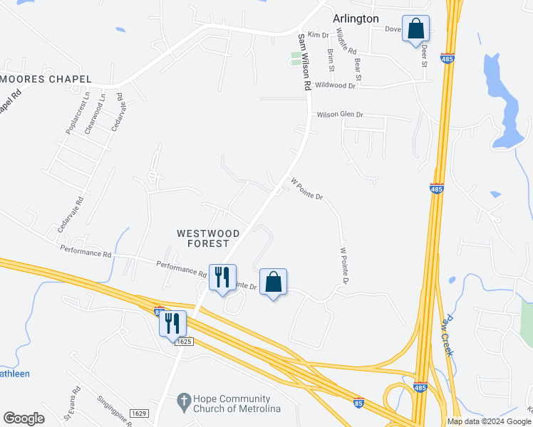 map of restaurants, bars, coffee shops, grocery stores, and more near 2317 Sam Wilson Road in Charlotte