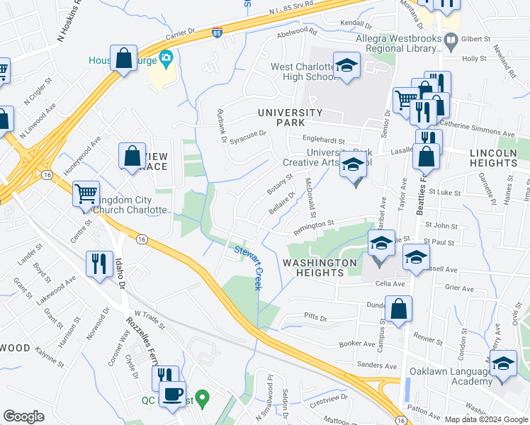 map of restaurants, bars, coffee shops, grocery stores, and more near 3026 Bellaire Drive in Charlotte