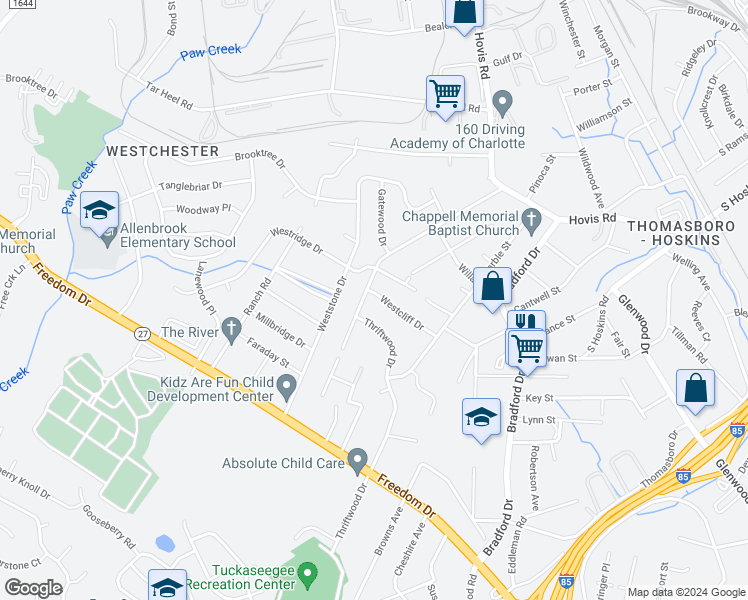 map of restaurants, bars, coffee shops, grocery stores, and more near 4233 Westcliff Drive in Charlotte