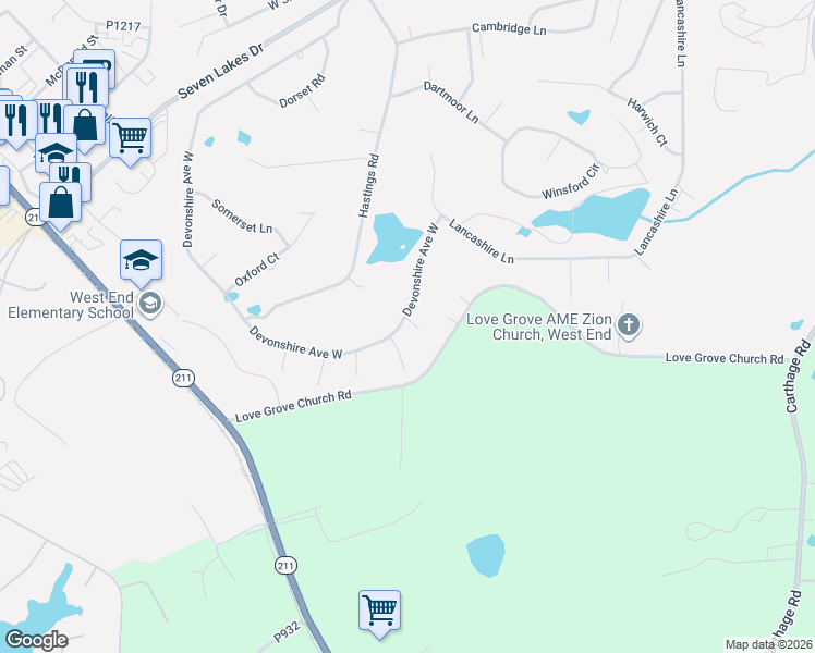 map of restaurants, bars, coffee shops, grocery stores, and more near 103 Bexley Court in Seven Lakes
