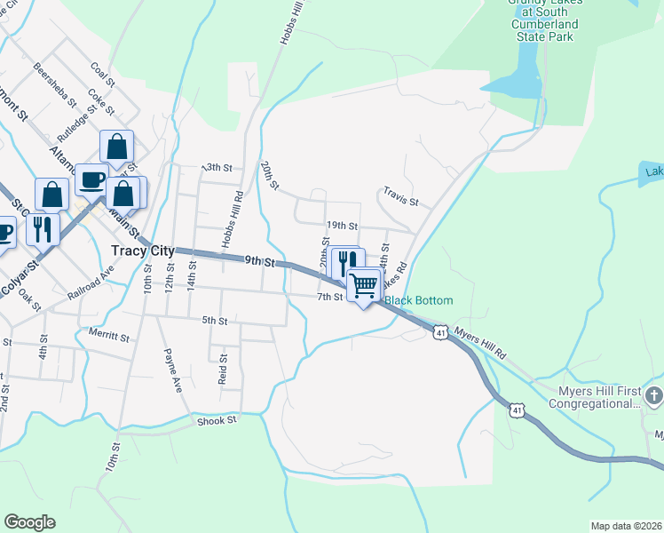 map of restaurants, bars, coffee shops, grocery stores, and more near 692 Main Street in Tracy City